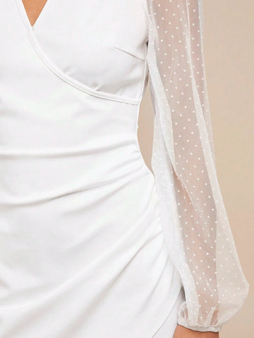 Women's Autumn Winter Fashion Versatile V-Neck Mesh Polka Dot Long Sleeve White Ruffle Hem
