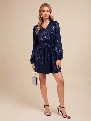 Women's Fashion Versatile V-Neck Puff Sleeve H-Line Christmas Party Dress (With Belt),