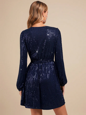 Women's Fashion Versatile V-Neck Puff Sleeve H-Line Christmas Party Dress (With Belt),