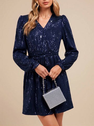 Women's Fashion Versatile V-Neck Puff Sleeve H-Line Christmas Party Dress (With Belt),