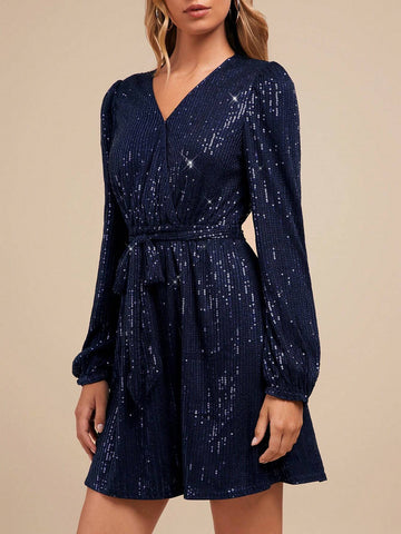 Women's Fashion Versatile V-Neck Puff Sleeve H-Line Christmas Party Dress (With Belt),