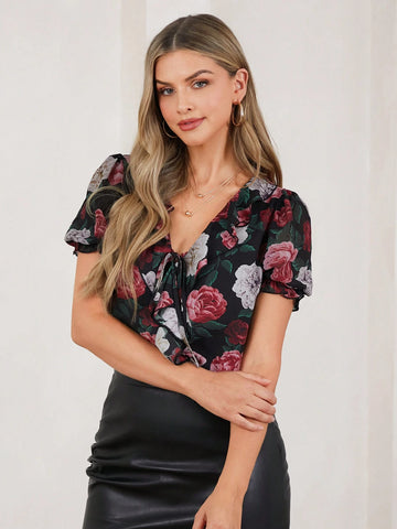 Women's Floral Print V-Neck Short Sleeve Chiffon Ruffled Blouse