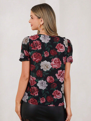 Women's Floral Print V-Neck Short Sleeve Chiffon Ruffled Blouse