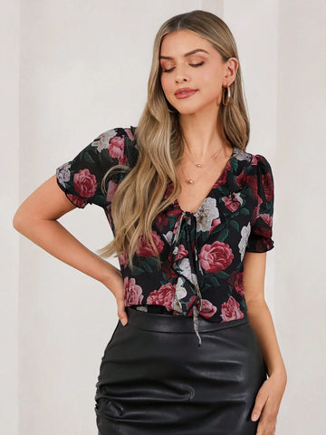 Women's Floral Print V-Neck Short Sleeve Chiffon Ruffled Blouse