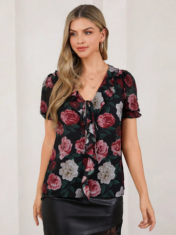 Women's Floral Print V-Neck Short Sleeve Chiffon Ruffled Blouse