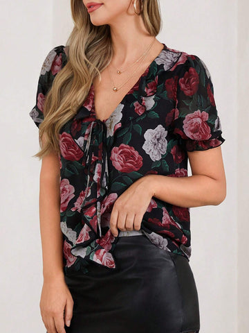 Women's Floral Print V-Neck Short Sleeve Chiffon Ruffled Blouse