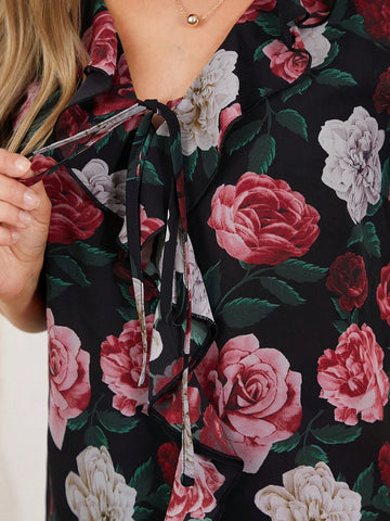Women's Floral Print V-Neck Short Sleeve Chiffon Ruffled Blouse