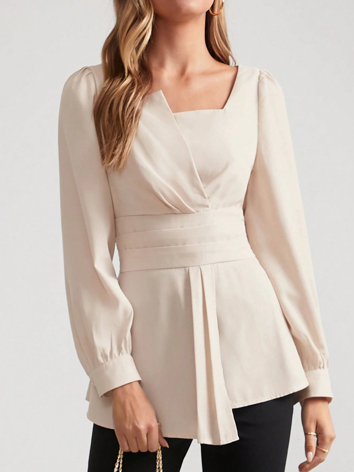 Women's Solid Color Square Collar Puff Sleeve Asymmetrical Hem Elegant Blouse,