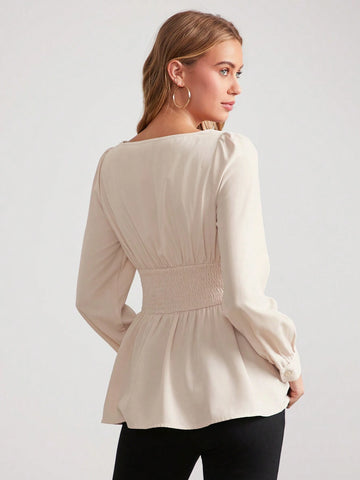 Women's Solid Color Square Collar Puff Sleeve Asymmetrical Hem Elegant Blouse,