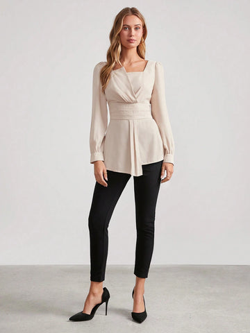 Women's Solid Color Square Collar Puff Sleeve Asymmetrical Hem Elegant Blouse,