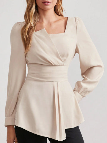 Women's Solid Color Square Collar Puff Sleeve Asymmetrical Hem Elegant Blouse,