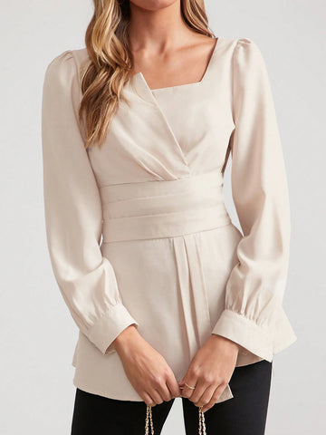 Women's Solid Color Square Collar Puff Sleeve Asymmetrical Hem Elegant Blouse,