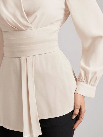 Women's Solid Color Square Collar Puff Sleeve Asymmetrical Hem Elegant Blouse,