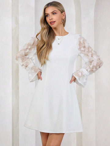 Women's White Spring Mesh Sleeve Dress