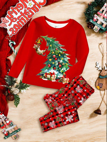 Asymmetric Christmas Tree & Cute Cat Print Santa Girl Set, Plaid, Young Girl Casual Comfortable Fitted Long Sleeve Top And Pants Loungewear, Suitable For Autumn