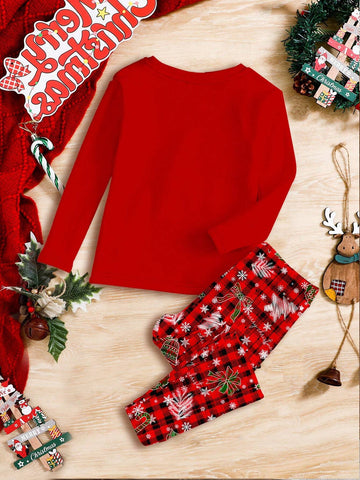 Asymmetric Christmas Tree & Cute Cat Print Santa Girl Set, Plaid, Young Girl Casual Comfortable Fitted Long Sleeve Top And Pants Loungewear, Suitable For Autumn