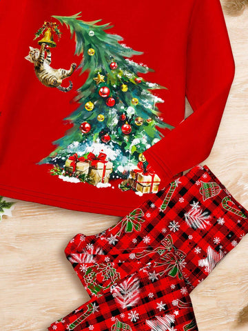 Asymmetric Christmas Tree & Cute Cat Print Santa Girl Set, Plaid, Young Girl Casual Comfortable Fitted Long Sleeve Top And Pants Loungewear, Suitable For Autumn