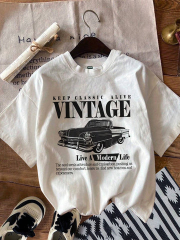 1pc Women Slim Fit Car Graphic White Crew Neck Short Sleeve T-Shirt, Casual Vintage Style