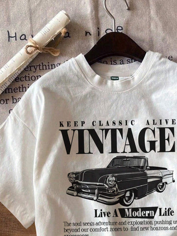 1pc Women Slim Fit Car Graphic White Crew Neck Short Sleeve T-Shirt, Casual Vintage Style