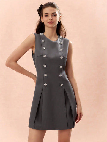 Romantic Women's Grey Sweetheart Elegant Sparkling Diamond Decor Sleeveless Princess