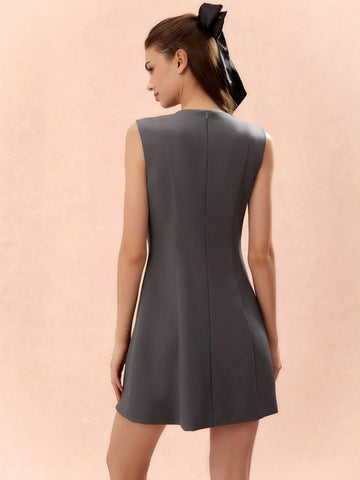 Romantic Women's Grey Sweetheart Elegant Sparkling Diamond Decor Sleeveless Princess