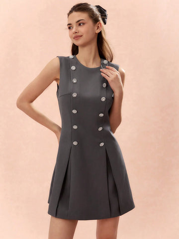 Romantic Women's Grey Sweetheart Elegant Sparkling Diamond Decor Sleeveless Princess