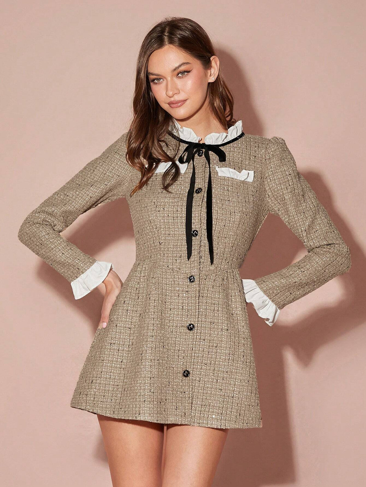 Winter Romantic Women's Khaki Contrast Color Sweetheart Retro Patchwork Long Sleeve Bow Tie