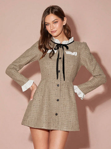 Winter Romantic Women's Khaki Contrast Color Sweetheart Retro Patchwork Long Sleeve Bow Tie