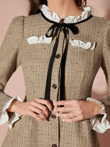 Winter Romantic Women's Khaki Contrast Color Sweetheart Retro Patchwork Long Sleeve Bow Tie