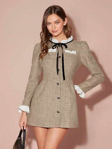 Winter Romantic Women's Khaki Contrast Color Sweetheart Retro Patchwork Long Sleeve Bow Tie