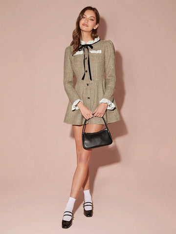 Winter Romantic Women's Khaki Contrast Color Sweetheart Retro Patchwork Long Sleeve Bow Tie