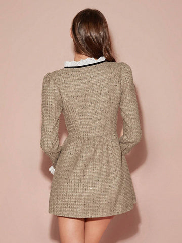 Winter Romantic Women's Khaki Contrast Color Sweetheart Retro Patchwork Long Sleeve Bow Tie