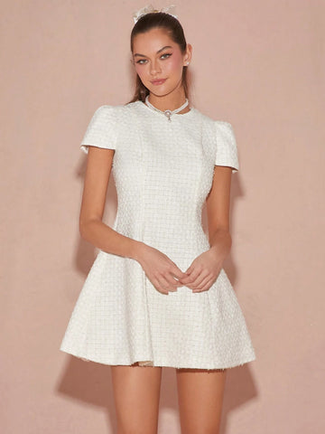 Autumn/Winter Romantic Women's Sweet Cute Round Neck Short Sleeve Tweed Short Princess Dress,F
