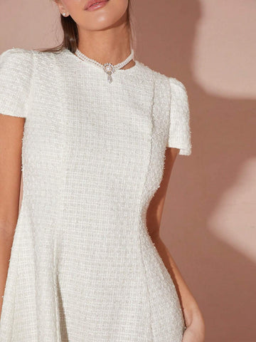 Autumn/Winter Romantic Women's Sweet Cute Round Neck Short Sleeve Tweed Short Princess Dress,F