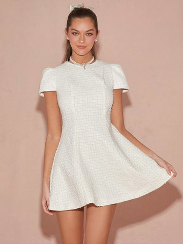 Autumn/Winter Romantic Women's Sweet Cute Round Neck Short Sleeve Tweed Short Princess Dress,F
