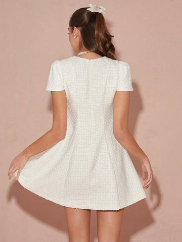 Autumn/Winter Romantic Women's Sweet Cute Round Neck Short Sleeve Tweed Short Princess Dress,F