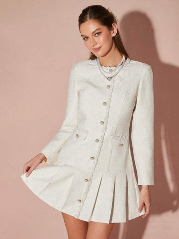 /Winter Romantic Women's Sweet Elegant Apricot Exquisite Pearl Decor Pleated Hem Short Haute