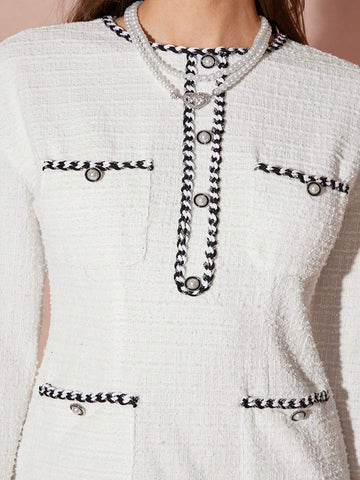 Winter Romantic Women's White Pearl Button Design Long Sleeve Pleated Hem Elegant Short Tweed Dress,Winter Women Dresses