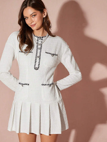 Winter Romantic Women's White Pearl Button Design Long Sleeve Pleated Hem Elegant Short Tweed Dress,Winter Women Dresses