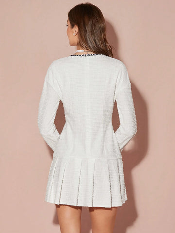 Winter Romantic Women's White Pearl Button Design Long Sleeve Pleated Hem Elegant Short Tweed Dress,Winter Women Dresses