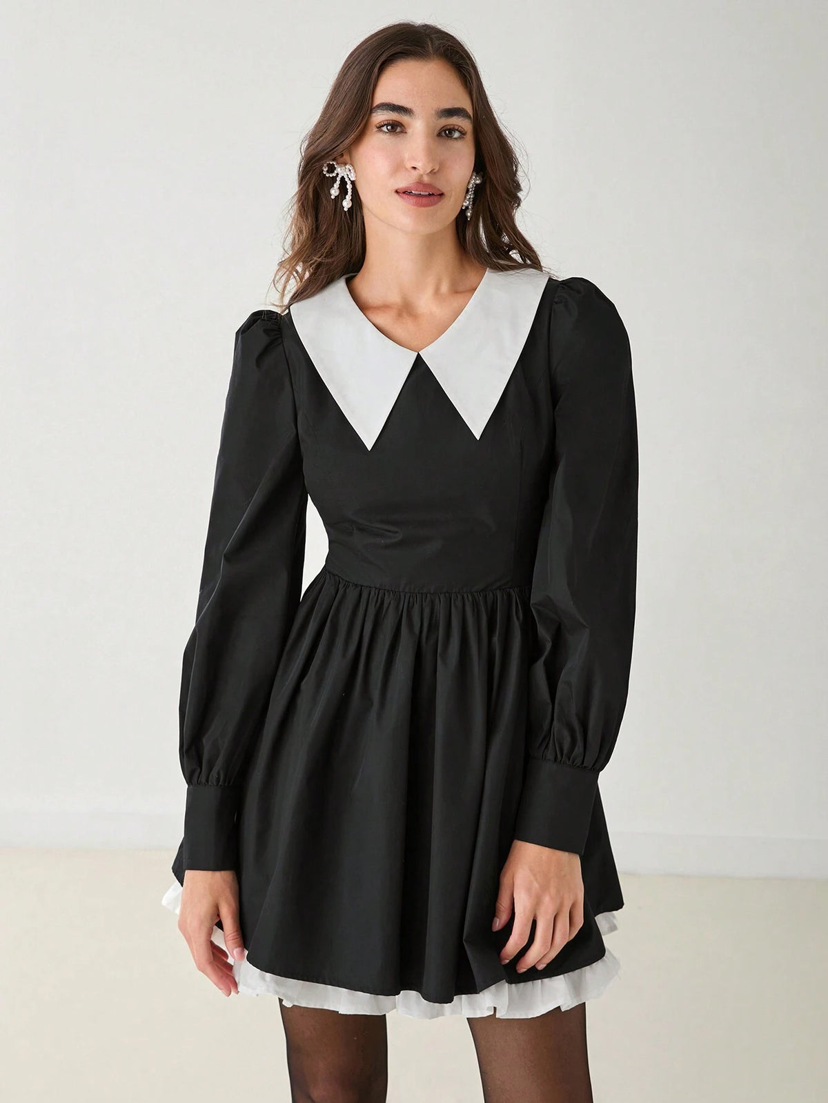 Romantic Women Elegant Cute Contrast Color Block Puff Sleeve Black Retro Preppy Dress