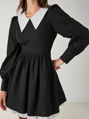 Romantic Women Elegant Cute Contrast Color Block Puff Sleeve Black Retro Preppy Dress