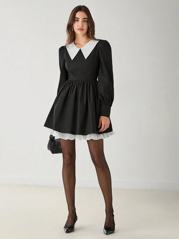 Romantic Women Elegant Cute Contrast Color Block Puff Sleeve Black Retro Preppy Dress