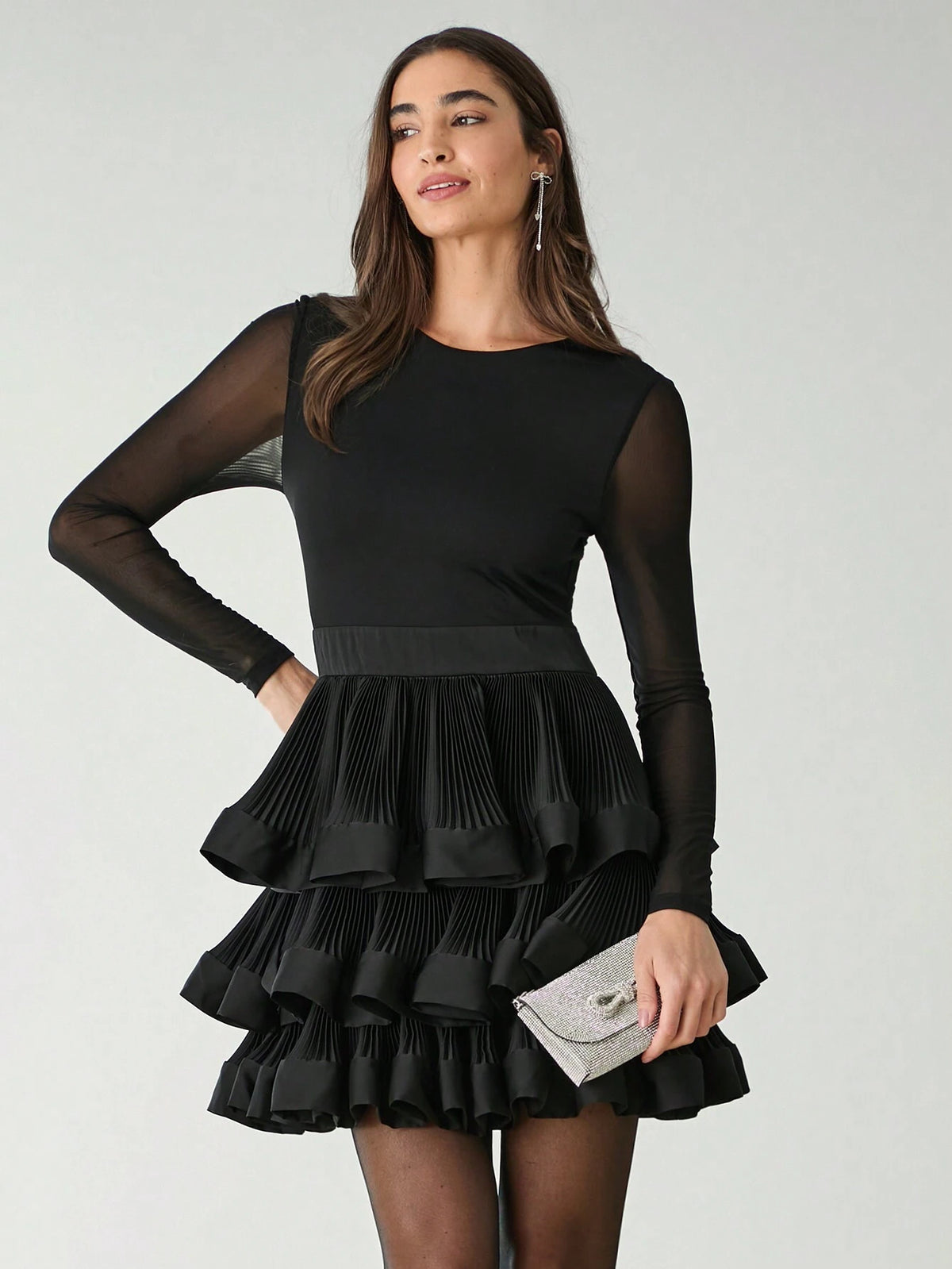 Romantic Women's Black Crew Neck Mesh Long Sleeve Ruffled Hem Sexy Elegant Short