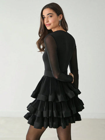 Romantic Women's Black Crew Neck Mesh Long Sleeve Ruffled Hem Sexy Elegant Short