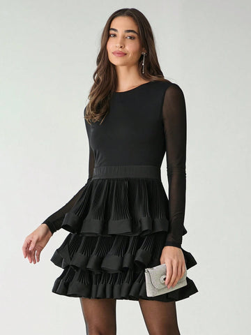 Romantic Women's Black Crew Neck Mesh Long Sleeve Ruffled Hem Sexy Elegant Short