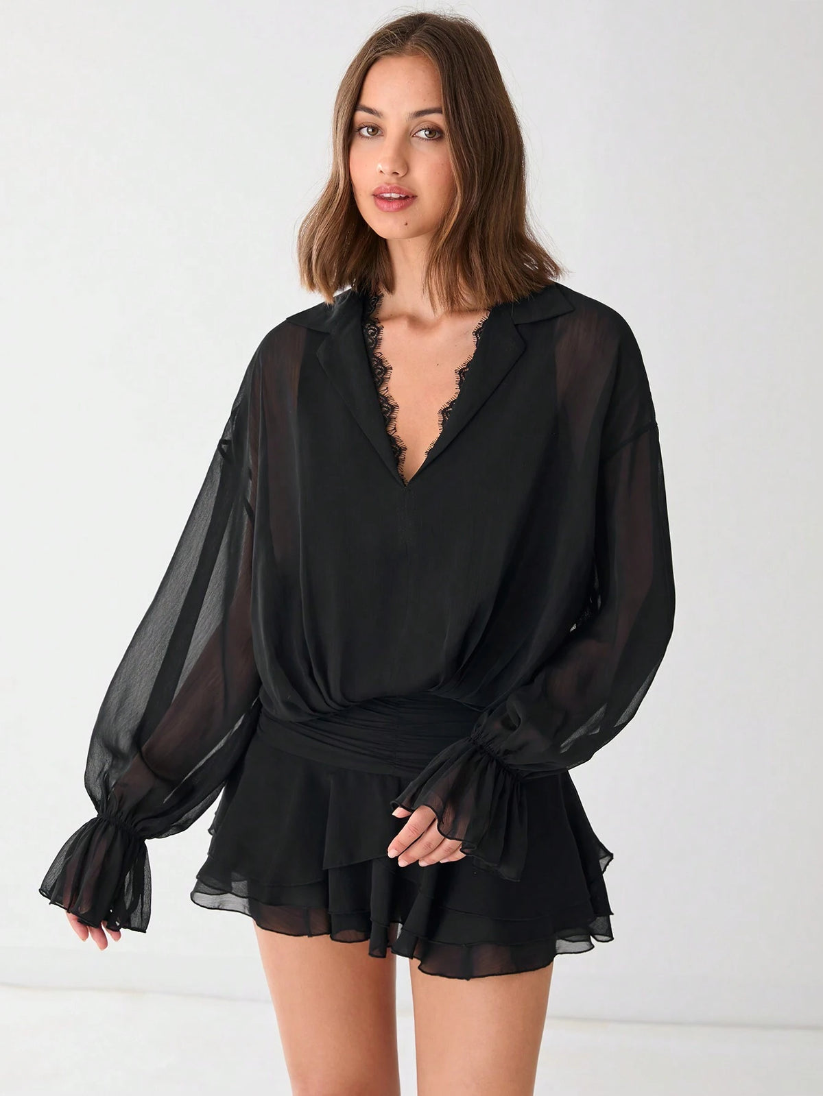 Romantic Women's Black Fashionable Lace Ruffle Collar Mesh Dropped Shoulder Long Sleeve Elega