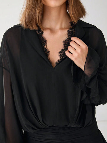 Romantic Women's Black Fashionable Lace Ruffle Collar Mesh Dropped Shoulder Long Sleeve Elega