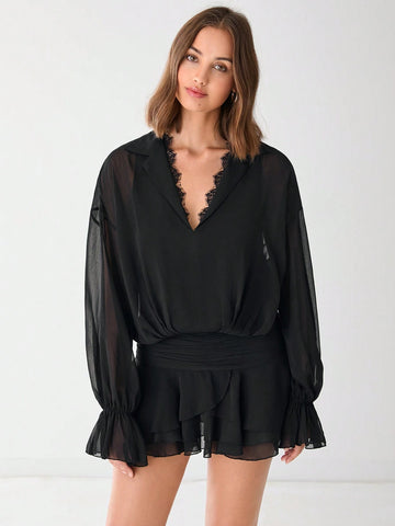 Romantic Women's Black Fashionable Lace Ruffle Collar Mesh Dropped Shoulder Long Sleeve Elega