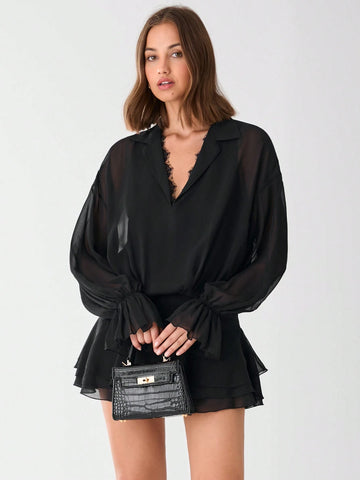 Romantic Women's Black Fashionable Lace Ruffle Collar Mesh Dropped Shoulder Long Sleeve Elega